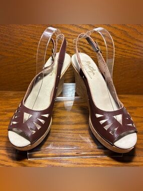 Martilyn Andre Assous Cut Out Leather Slingback Cork Wedges Brown Size 10